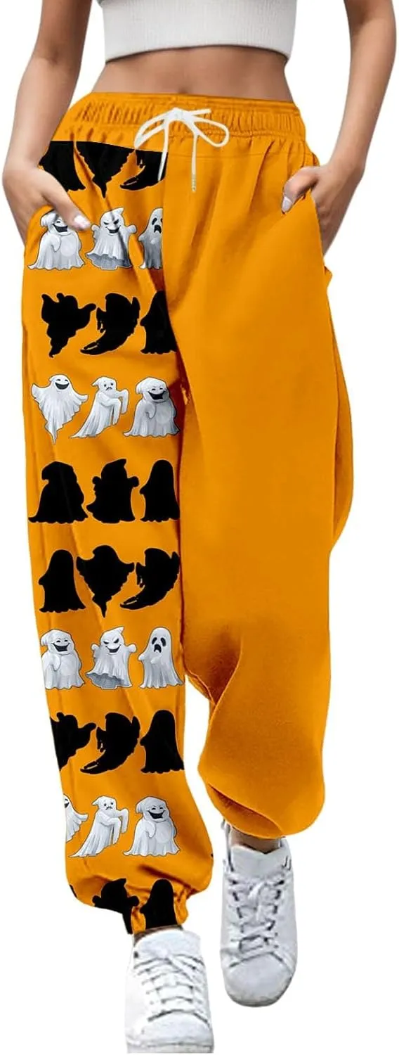 Ladies Halloween Cute Print Pants Workout High Waisted Yoga Pants with Casual Elastic Waist Drawstring with Pockets