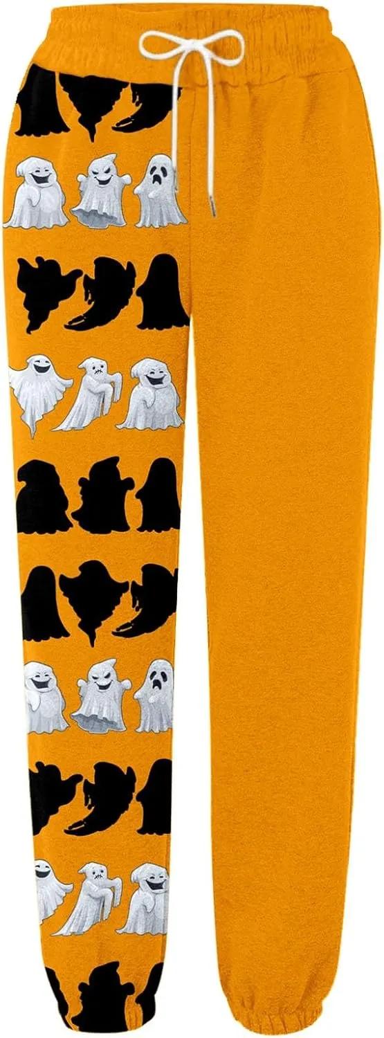 Ladies Halloween Cute Print Pants Workout High Waisted Yoga Pants with Casual Elastic Waist Drawstring with Pockets