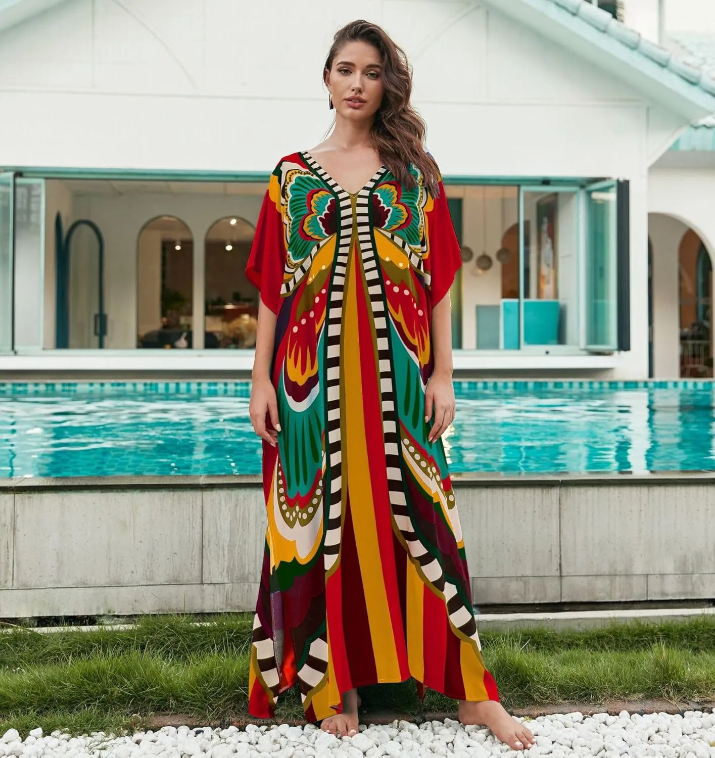 LOUSEA Caftans for Women Plus Size Swim Cover up Vneck Batwing Dress Loose fit Moroccan Caftan mumu Dresses for Women