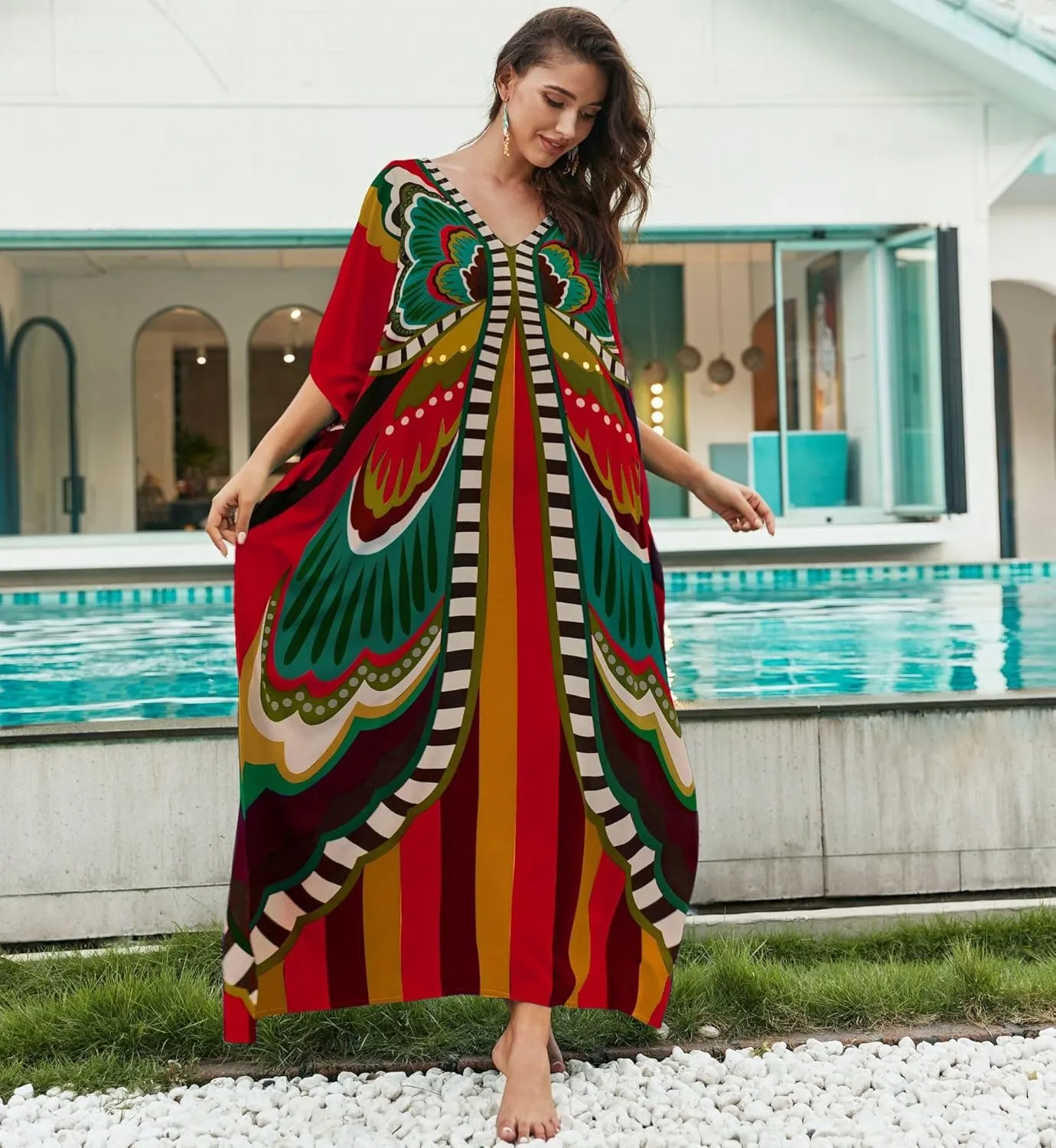LOUSEA Caftans for Women Plus Size Swim Cover up Vneck Batwing Dress Loose fit Moroccan Caftan mumu Dresses for Women
