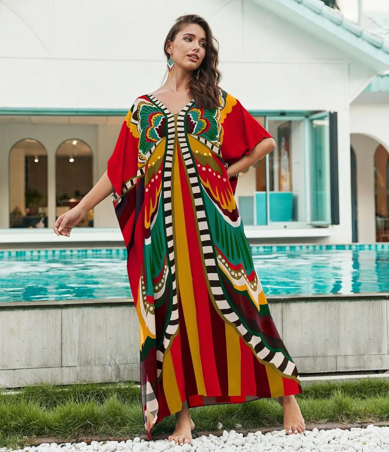 LOUSEA Caftans for Women Plus Size Swim Cover up Vneck Batwing Dress Loose fit Moroccan Caftan mumu Dresses for Women