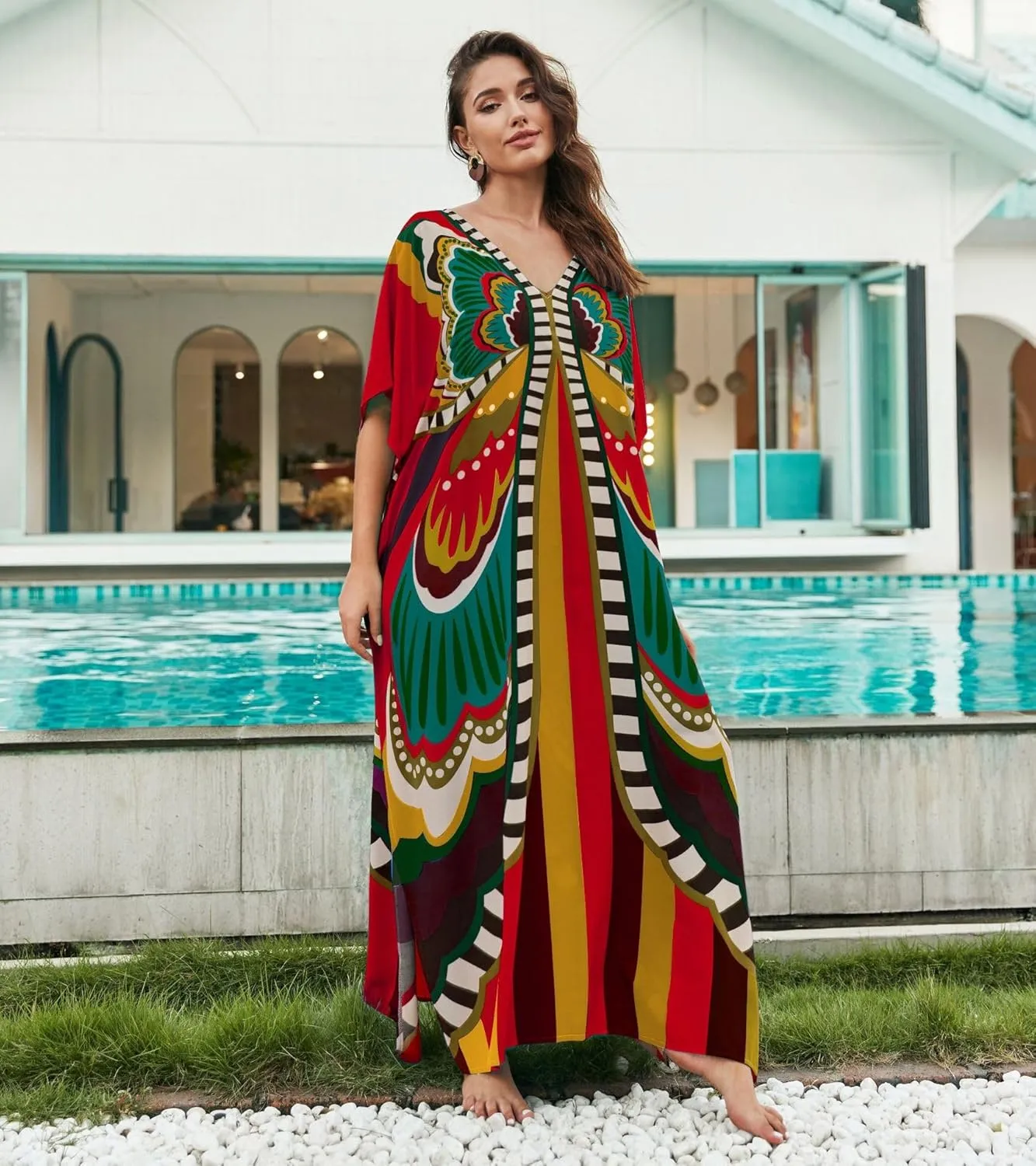 LOUSEA Caftans for Women Plus Size Swim Cover up Vneck Batwing Dress Loose fit Moroccan Caftan mumu Dresses for Women