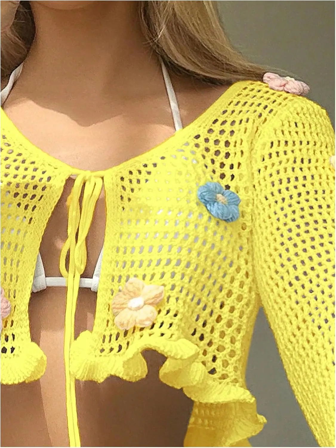 Milumia Women's Tie Crochet Long Sleeve Open Front Lightweight Knit Cropped Cardigan Sweaters Cover Up