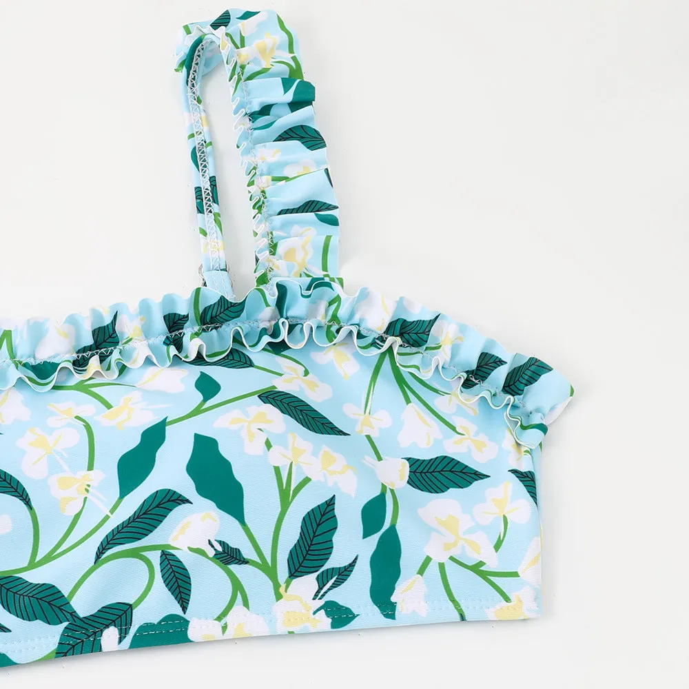 Mother-Daughter Blue Flower Print Matching Bikini Swimsuit with Skirt Set