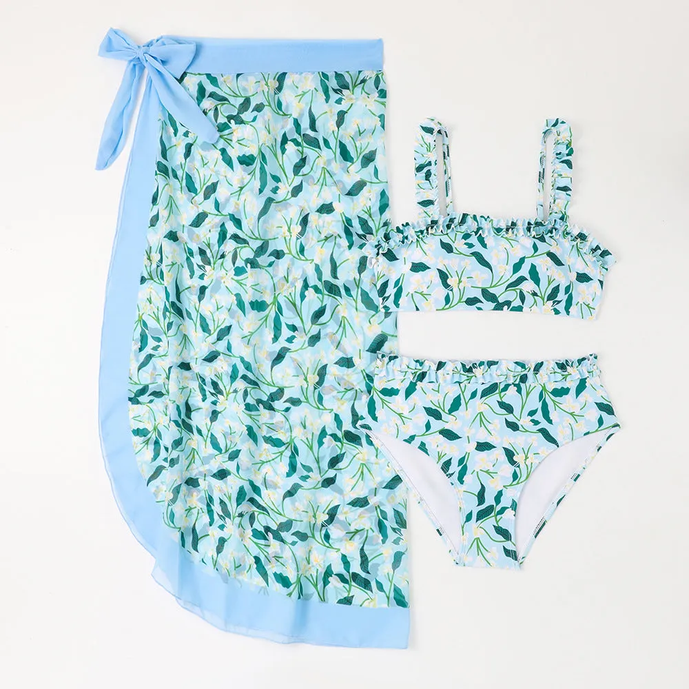 Mother-Daughter Blue Flower Print Matching Bikini Swimsuit with Skirt Set