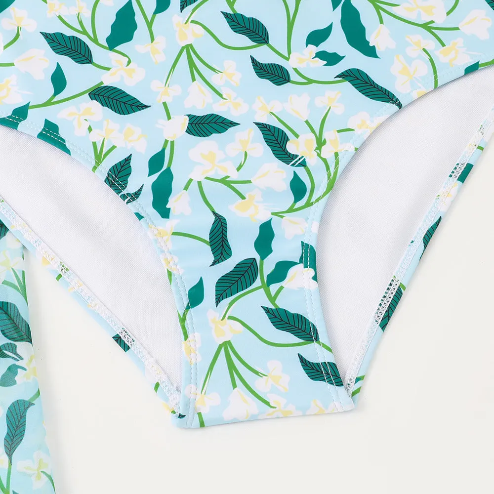Mother-Daughter Blue Flower Print Matching Bikini Swimsuit with Skirt Set