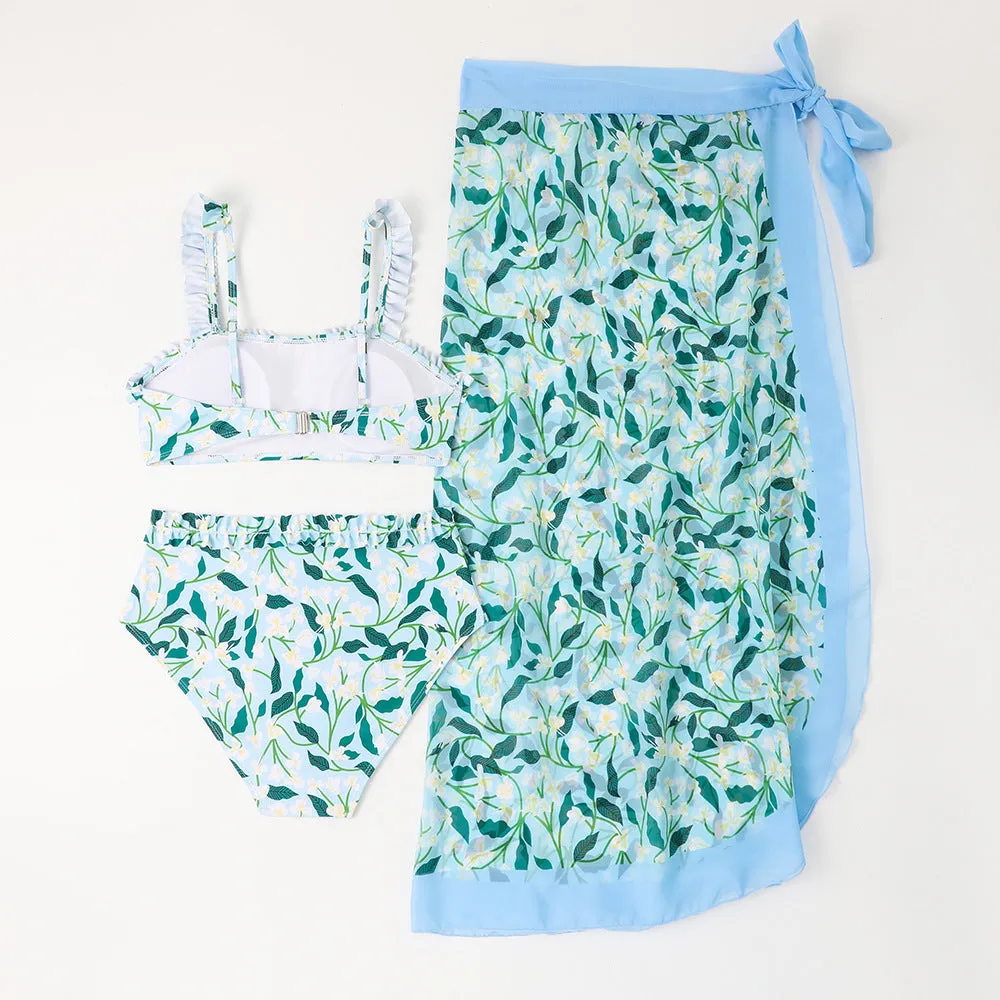 Mother-Daughter Blue Flower Print Matching Bikini Swimsuit with Skirt Set