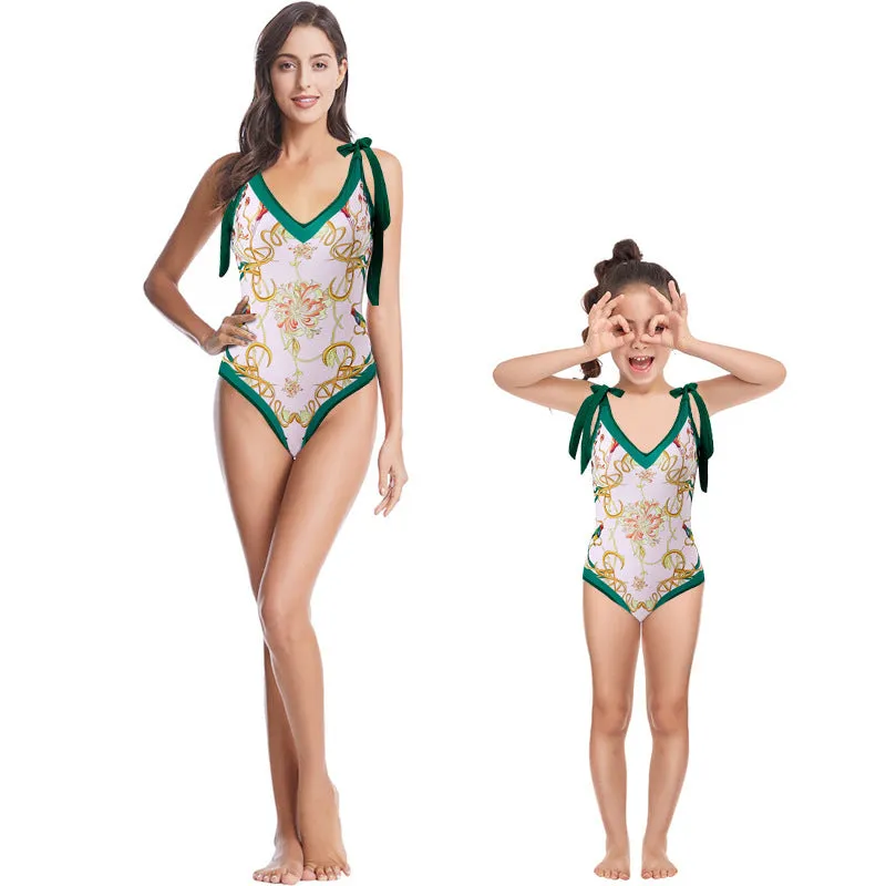 Mother-Daughter Green Matching One-Piece Swimsuit with Skirt Set