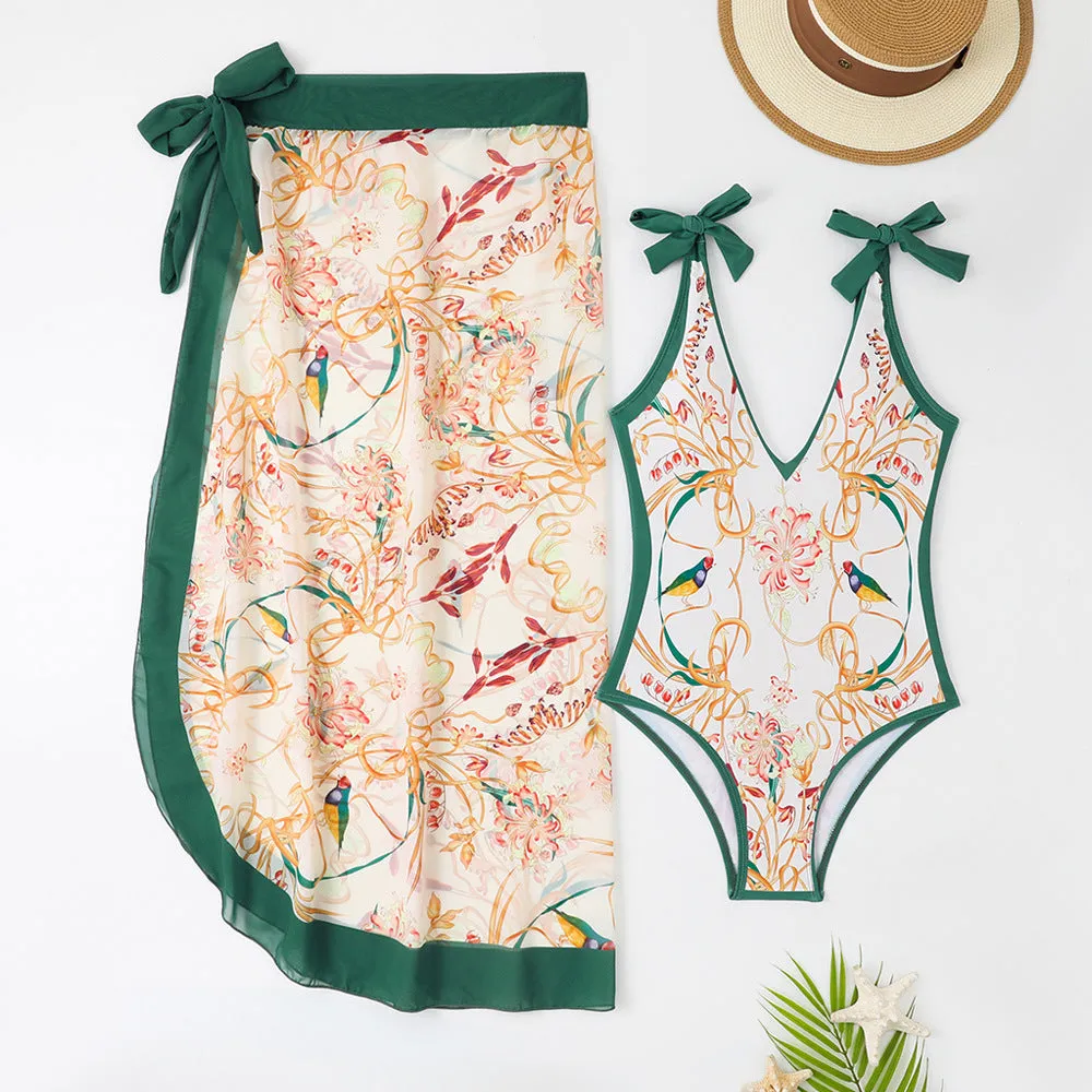 Mother-Daughter Green Matching One-Piece Swimsuit with Skirt Set