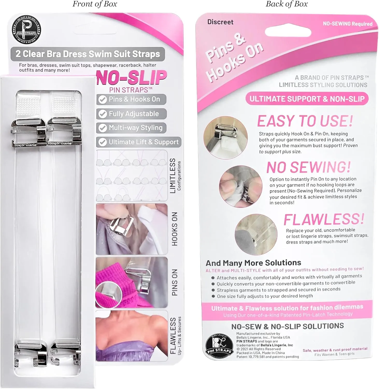 (No Sew No Slip) Clear Bra Straps, Adjustable, Strong Support by Pin Straps