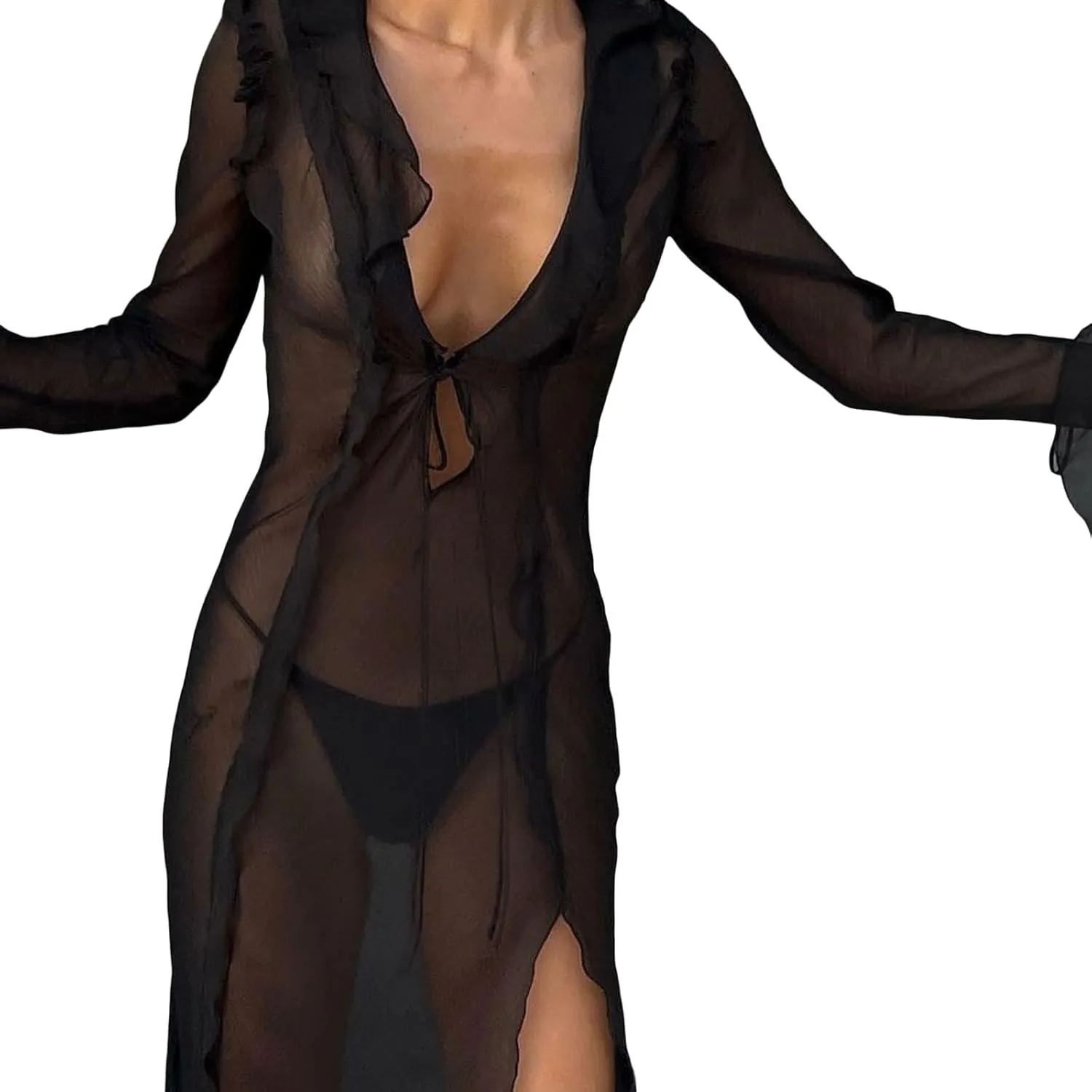 NUFIWI Women Crochet Knitted Long Sleeve Dress Hollow Backless Cover Up Long Dress Ruffle Beach Party Cover Up Dress