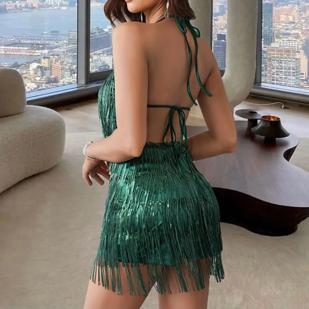 ODIZLI Women's Sleeveless V Back Sequins Fringe Jumpsuit One Piece Short Romper Party Nightclub