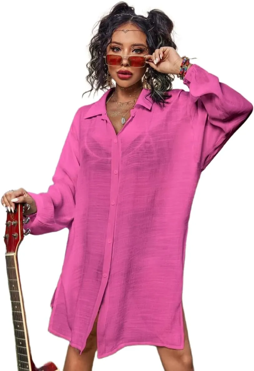 Plain Sheer Split Kimono Oversized Beach Cover Ups Button Front Shirt Swimsuit Cover Up Dress