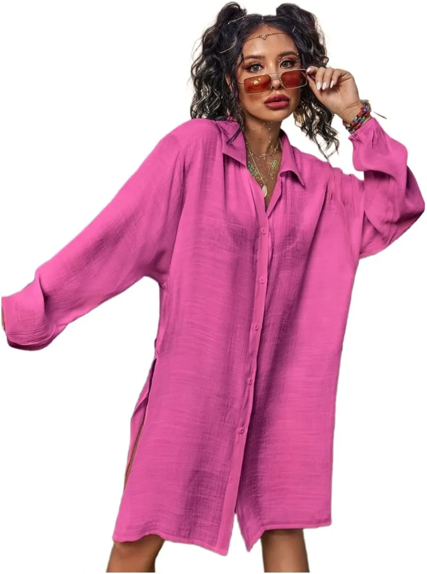 Plain Sheer Split Kimono Oversized Beach Cover Ups Button Front Shirt Swimsuit Cover Up Dress