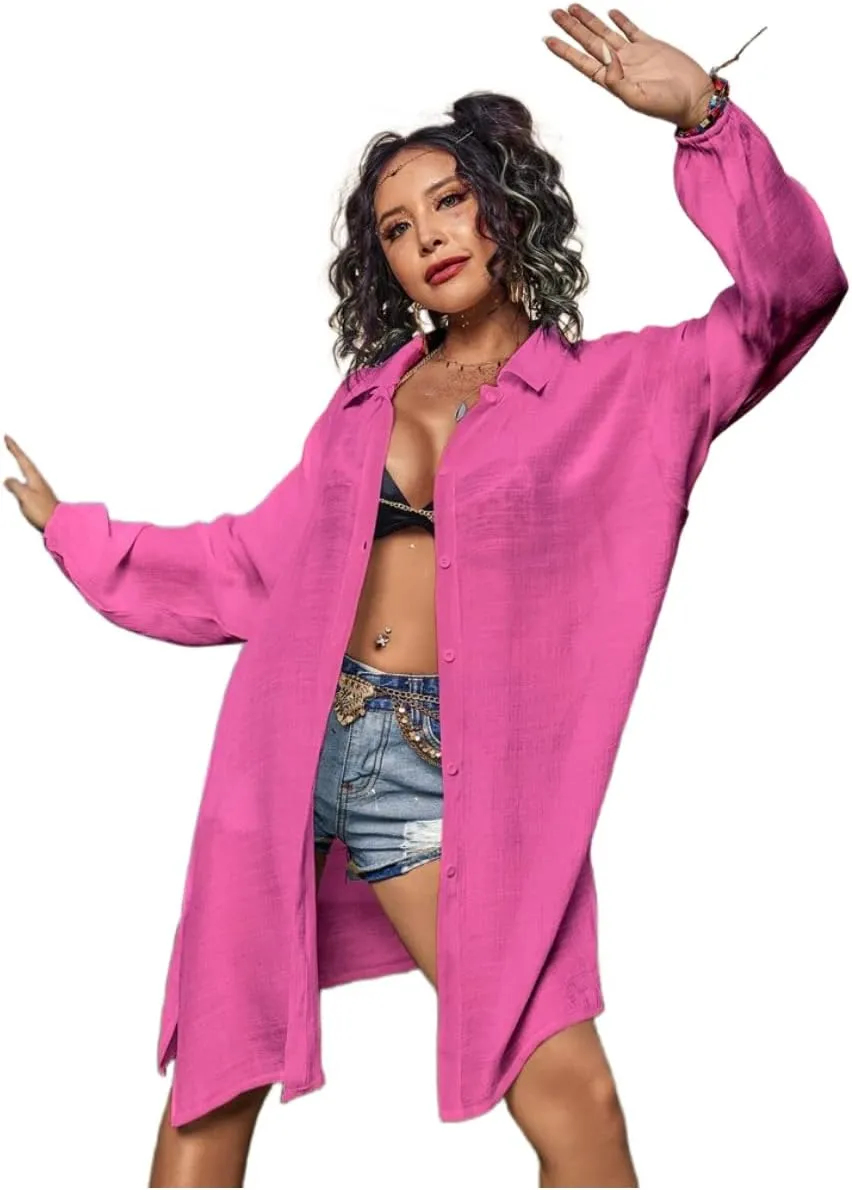 Plain Sheer Split Kimono Oversized Beach Cover Ups Button Front Shirt Swimsuit Cover Up Dress