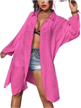 Plain Sheer Split Kimono Oversized Beach Cover Ups Button Front Shirt Swimsuit Cover Up Dress