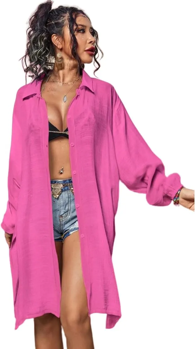 Plain Sheer Split Kimono Oversized Beach Cover Ups Button Front Shirt Swimsuit Cover Up Dress