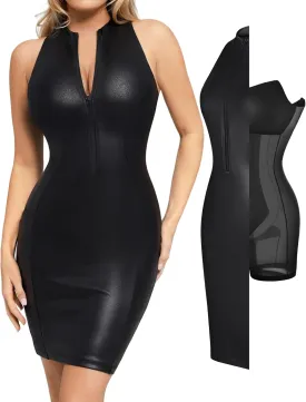 Popilush Faux Leather Dress for Women - Midi V Neck Dresses Shapewear Body con Dress Women - Date Night Outfit