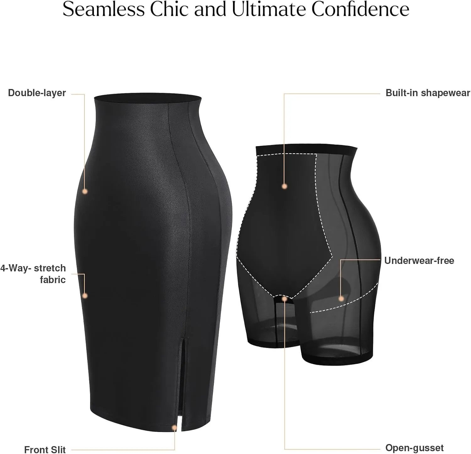 Popilush Faux Leather Midi Skirts with Built in Shapewear Tummy Control High Waist Skirt with Shaper for Women