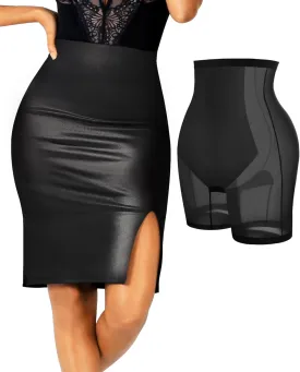 Popilush Faux Leather Midi Skirts with Built in Shapewear Tummy Control High Waist Skirt with Shaper for Women