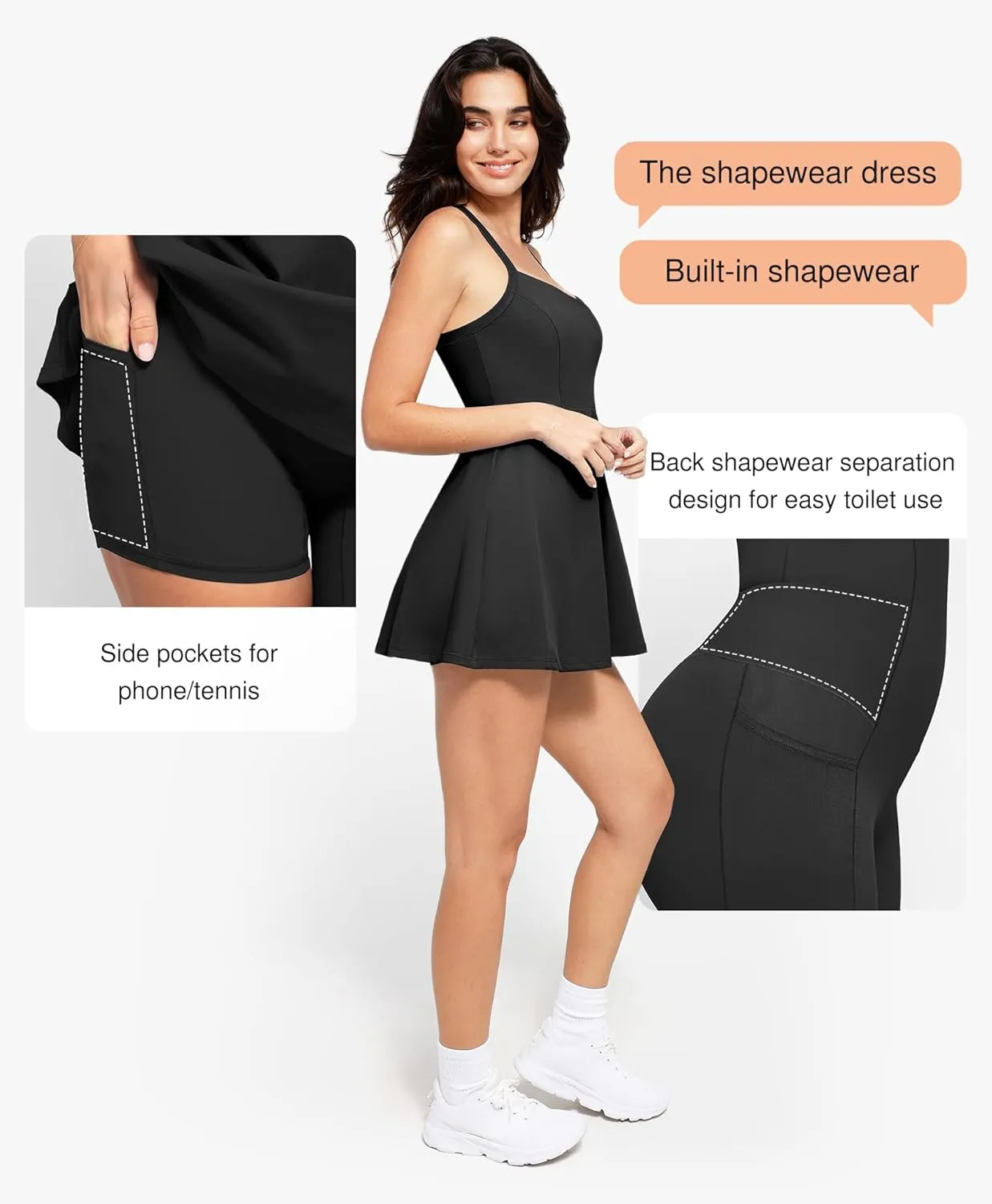 Popilush Shapewear Tennis Dress for Women With Built-in Bra, Shorts, Pockets - Athletic Mini Dress for Workout and Golf