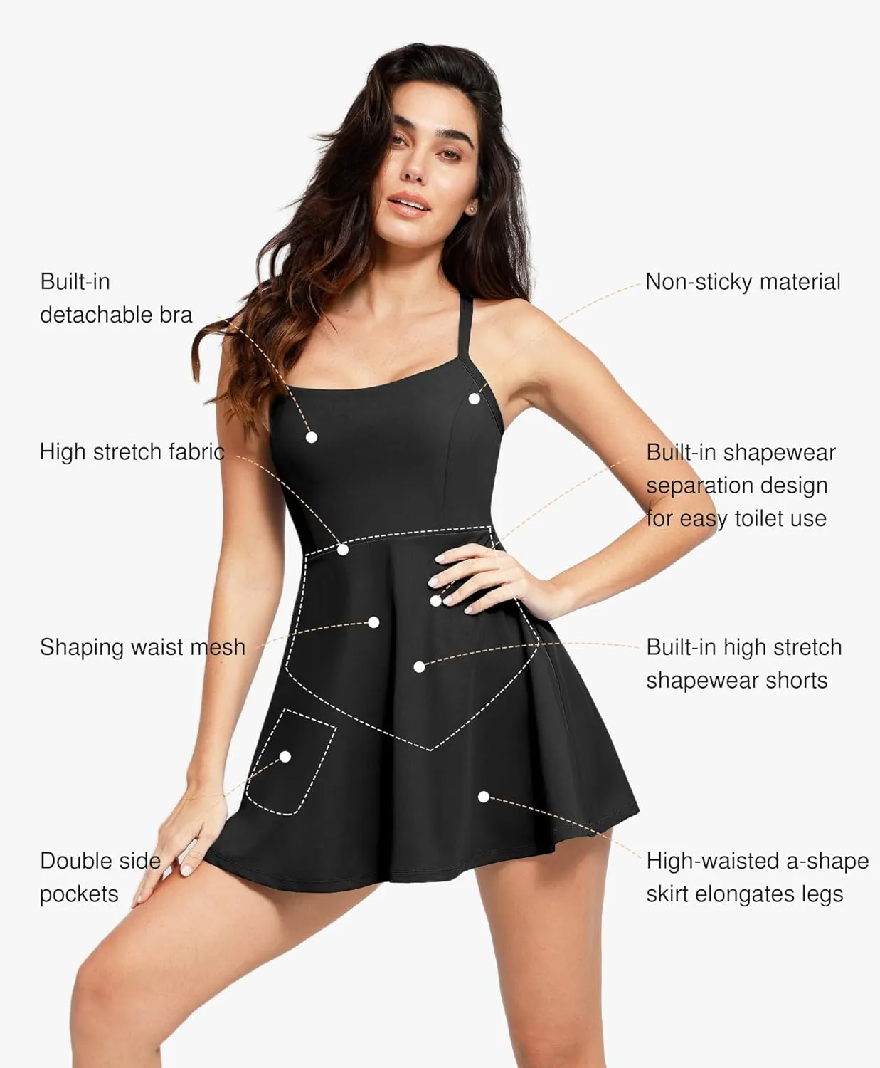 Popilush Shapewear Tennis Dress for Women With Built-in Bra, Shorts, Pockets - Athletic Mini Dress for Workout and Golf