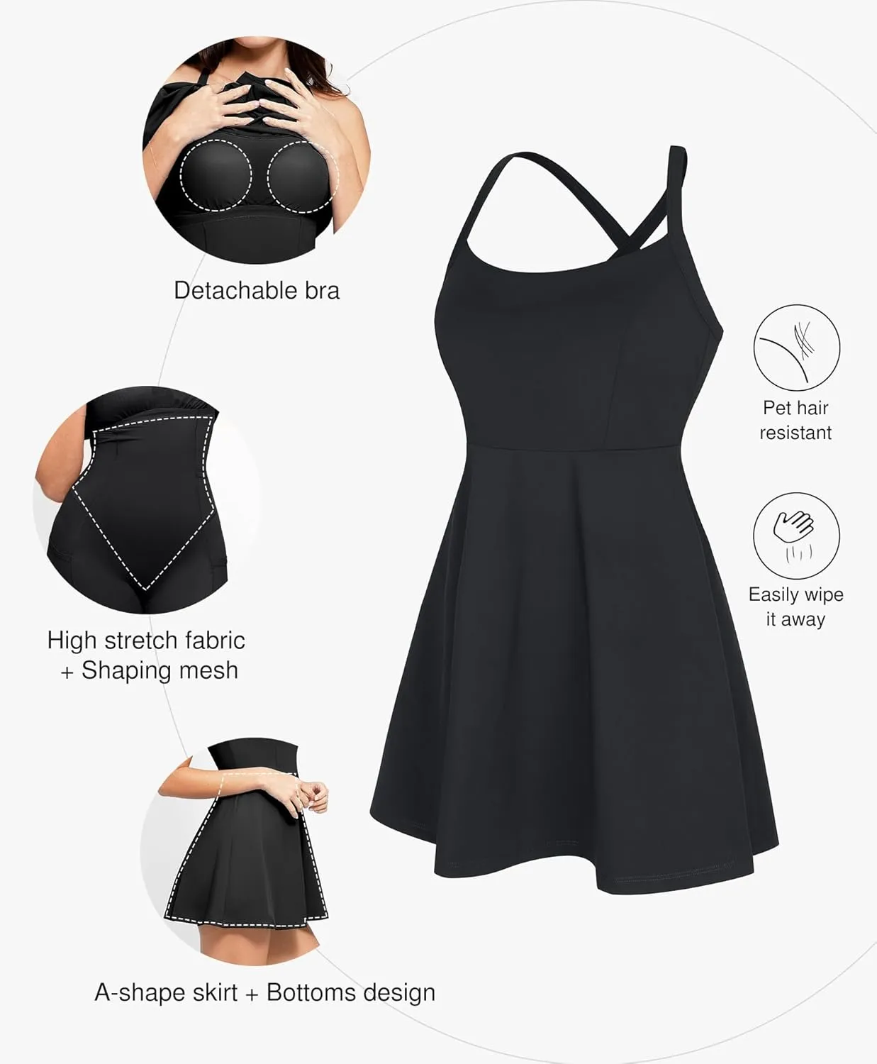 Popilush Shapewear Tennis Dress for Women With Built-in Bra, Shorts, Pockets - Athletic Mini Dress for Workout and Golf