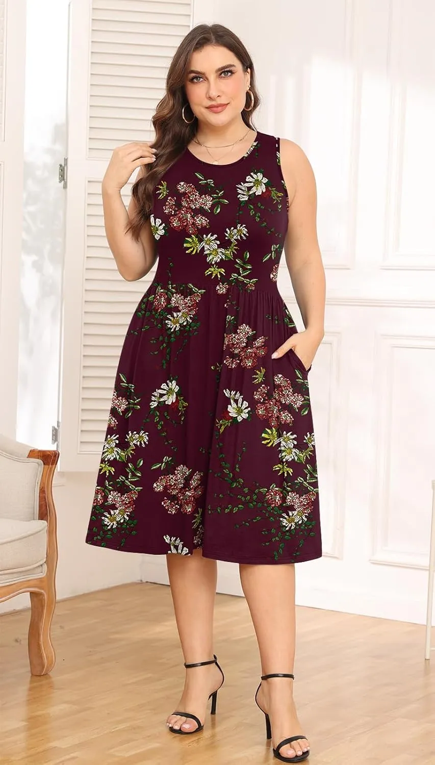 POSESHE Womens Plus Size Dress 2024 Summer Round Neck Sleeveless Casual Empire Waist Loose Fit Swing Tank Dress with Pockets