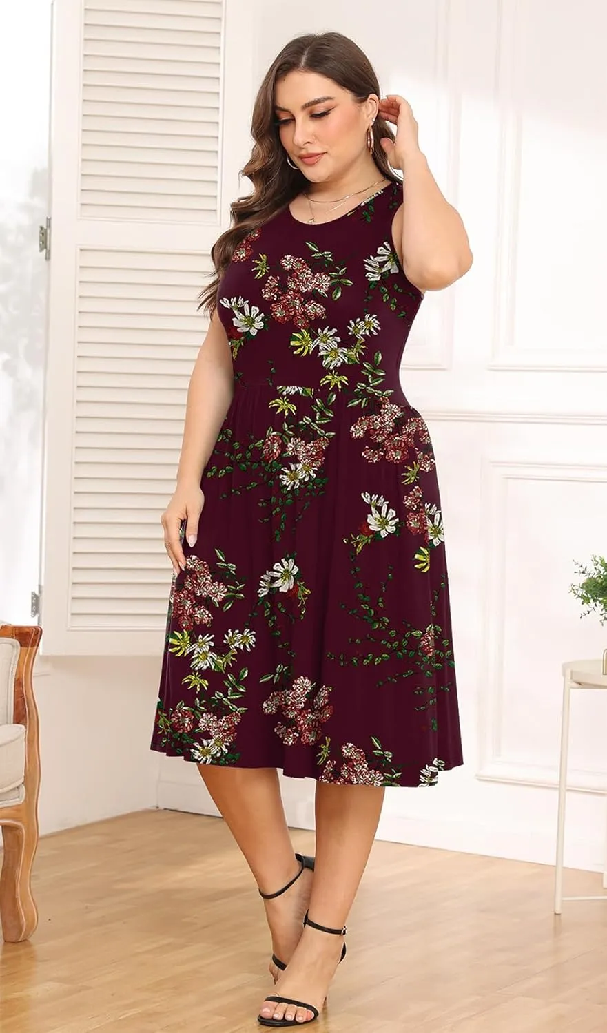 POSESHE Womens Plus Size Dress 2024 Summer Round Neck Sleeveless Casual Empire Waist Loose Fit Swing Tank Dress with Pockets