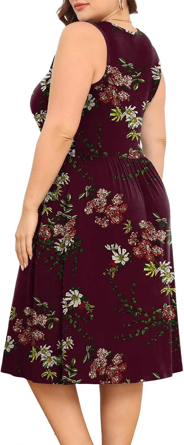 POSESHE Womens Plus Size Dress 2024 Summer Round Neck Sleeveless Casual Empire Waist Loose Fit Swing Tank Dress with Pockets