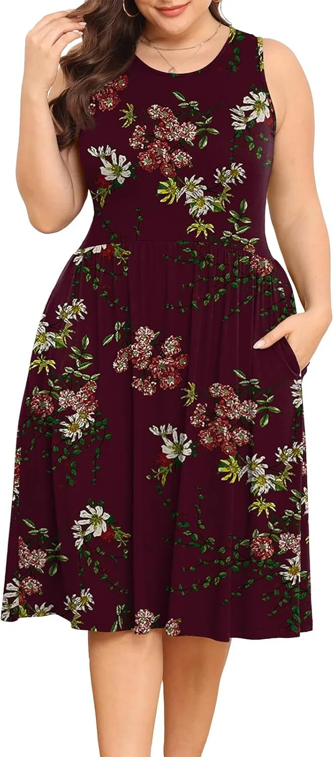 POSESHE Womens Plus Size Dress 2024 Summer Round Neck Sleeveless Casual Empire Waist Loose Fit Swing Tank Dress with Pockets