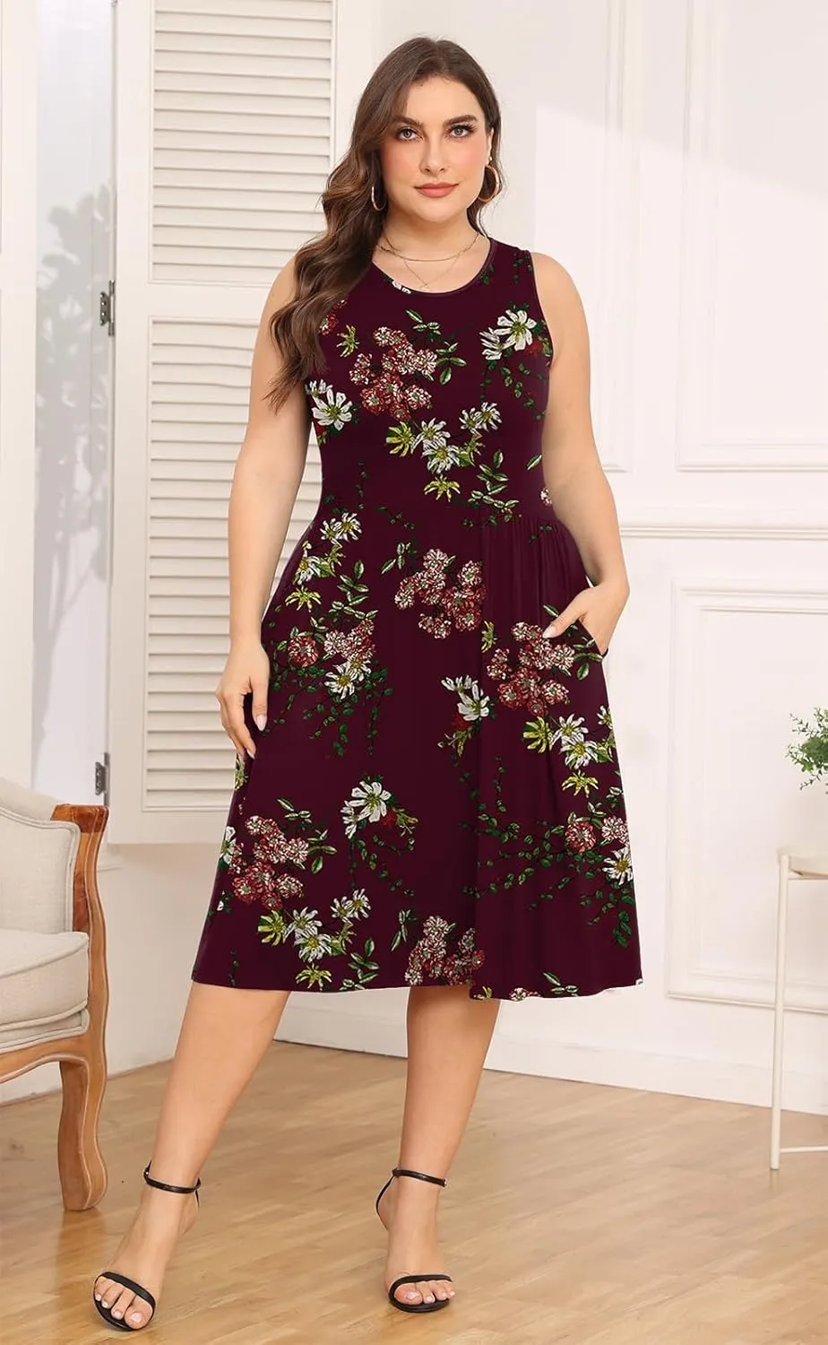 POSESHE Womens Plus Size Dress 2024 Summer Round Neck Sleeveless Casual Empire Waist Loose Fit Swing Tank Dress with Pockets