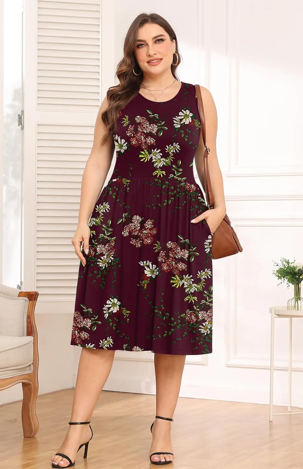 POSESHE Womens Plus Size Dress 2024 Summer Round Neck Sleeveless Casual Empire Waist Loose Fit Swing Tank Dress with Pockets