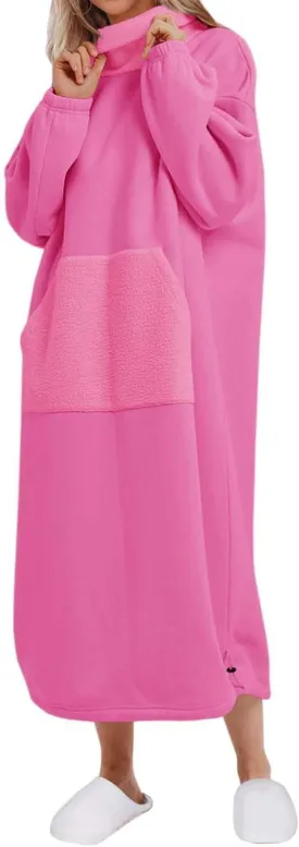 ReachMe Womens Oversized Long Fleece Sweatshirt Dresses Thickening Lounge Maxi Dress Plush Turtleneck Pullover Nightgowns