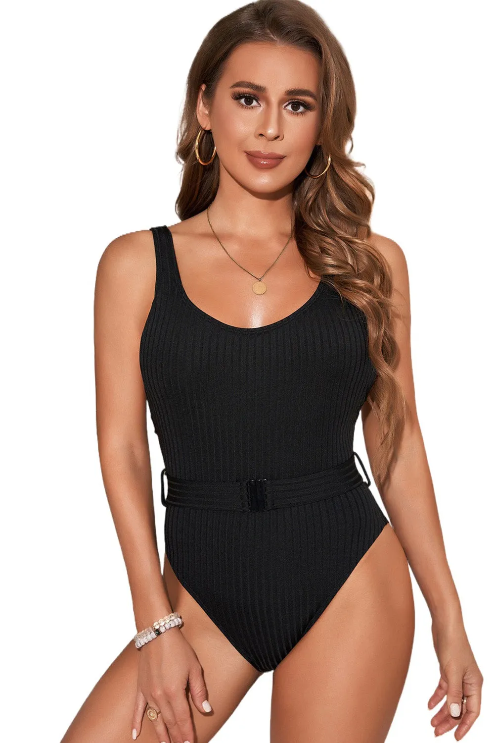 Rib Knit Scoop Neck One-piece Swimsuit with Belt