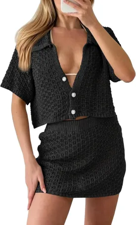 Saodimallsu Women 2 Piece Cover Up Set Crochet Beach Summer Knit Button Short Sleeve Crop Top Mini Skirt Sets