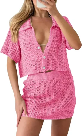 Saodimallsu Women 2 Piece Cover Up Set Crochet Beach Summer Knit Button Short Sleeve Crop Top Mini Skirt Sets