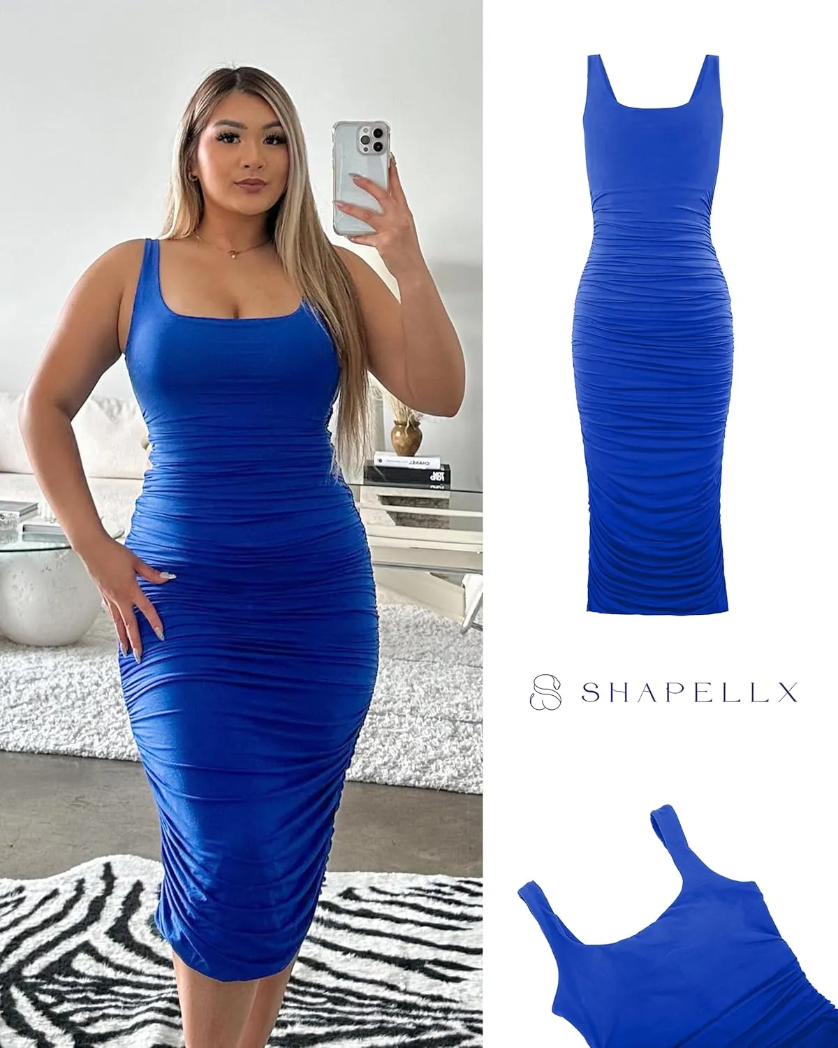 SHAPELLX Shaper Dress Sexy Ruched Bodycon Dress for Women Built-in 360 Tank Top Casual Party Club Midi Dresses