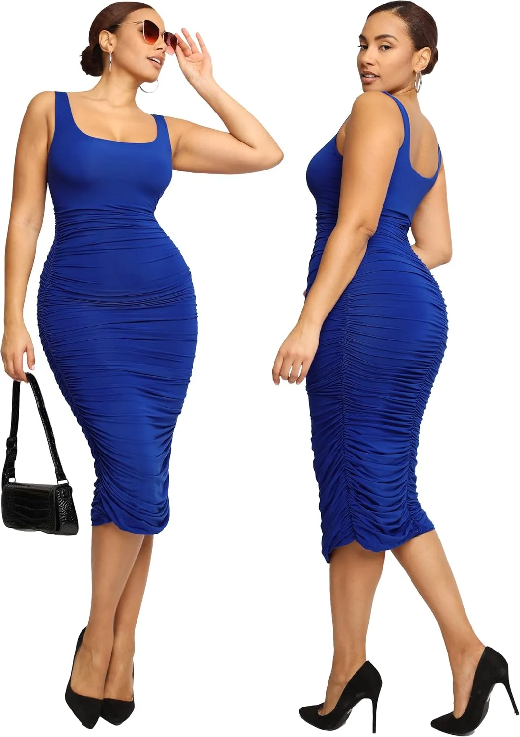 SHAPELLX Shaper Dress Sexy Ruched Bodycon Dress for Women Built-in 360 Tank Top Casual Party Club Midi Dresses