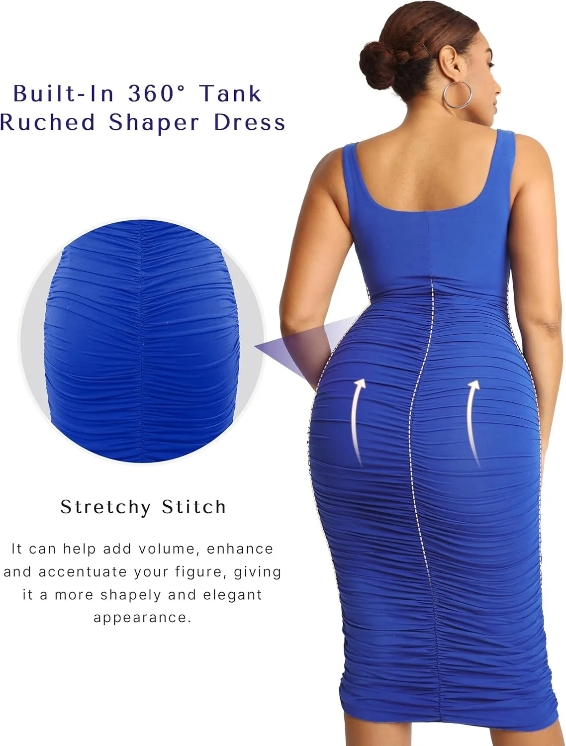 SHAPELLX Shaper Dress Sexy Ruched Bodycon Dress for Women Built-in 360 Tank Top Casual Party Club Midi Dresses