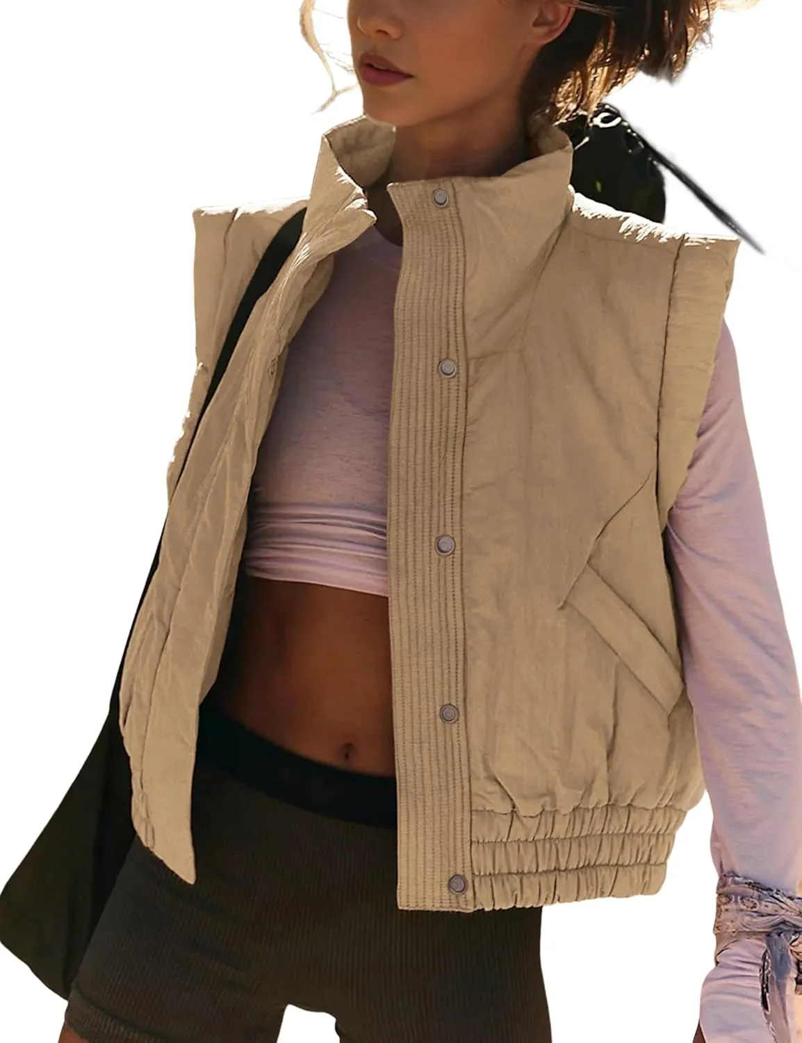 SKIKYAN Women Quilted Puffer Vest Button Down Scrunch Sleeveless Winter Stand Collar Padded Gilet with Pockets
