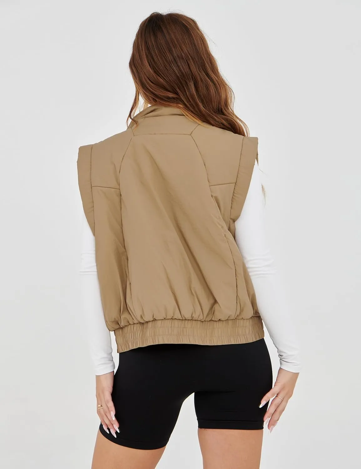 SKIKYAN Women Quilted Puffer Vest Button Down Scrunch Sleeveless Winter Stand Collar Padded Gilet with Pockets