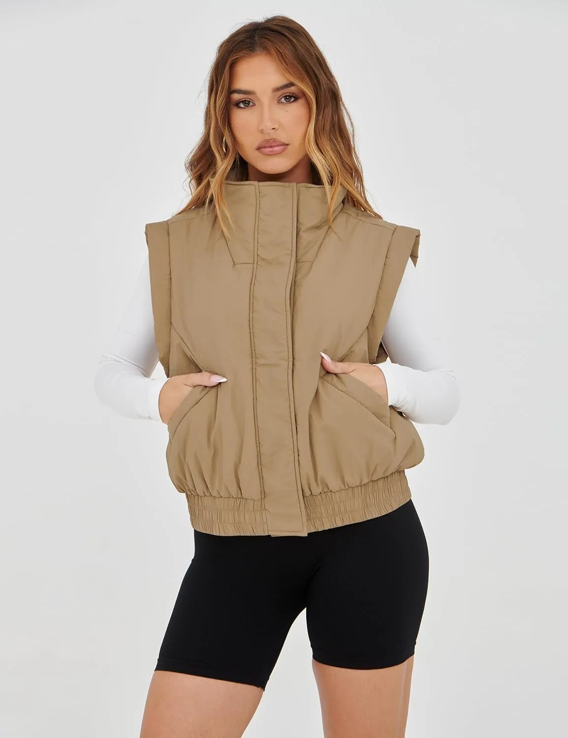 SKIKYAN Women Quilted Puffer Vest Button Down Scrunch Sleeveless Winter Stand Collar Padded Gilet with Pockets