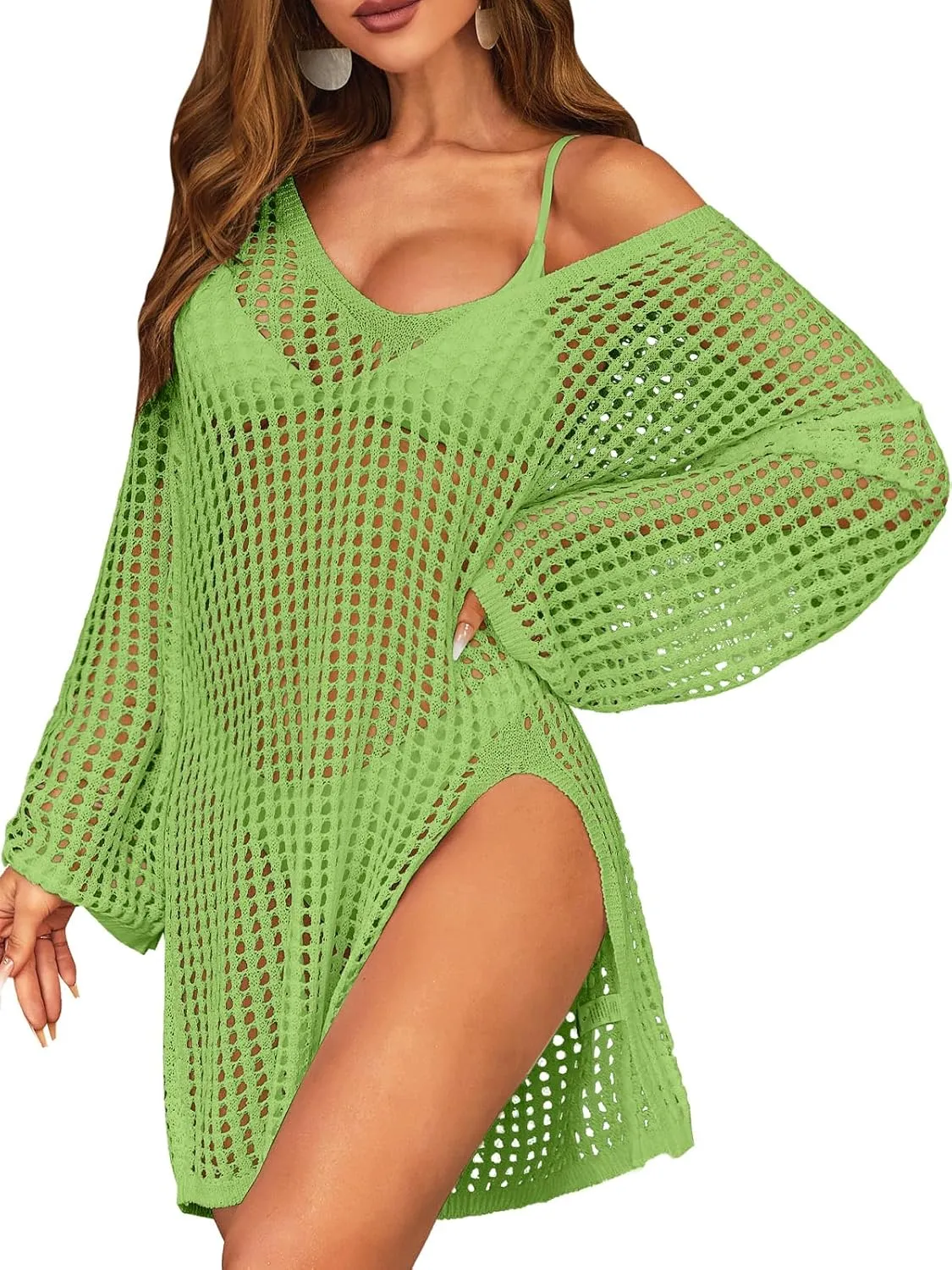 SOCIALA Swimsuit Cover Up for Women Crochet Tops Side Split Swim Bikini Bathing Suit Beach Coverups Loose Fit Swimwear Dress