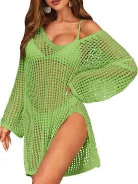 SOCIALA Swimsuit Cover Up for Women Crochet Tops Side Split Swim Bikini Bathing Suit Beach Coverups Loose Fit Swimwear Dress