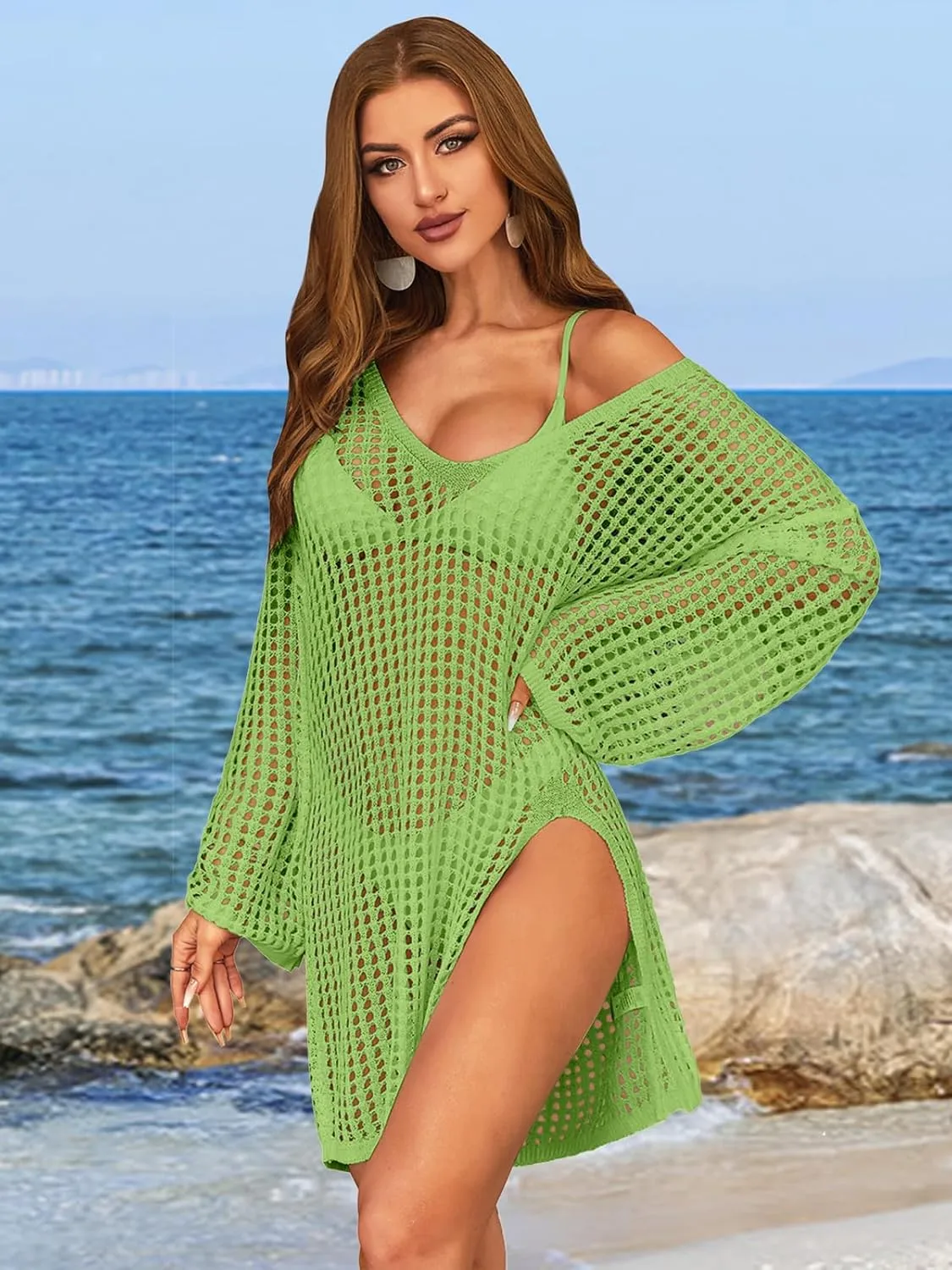 SOCIALA Swimsuit Cover Up for Women Crochet Tops Side Split Swim Bikini Bathing Suit Beach Coverups Loose Fit Swimwear Dress