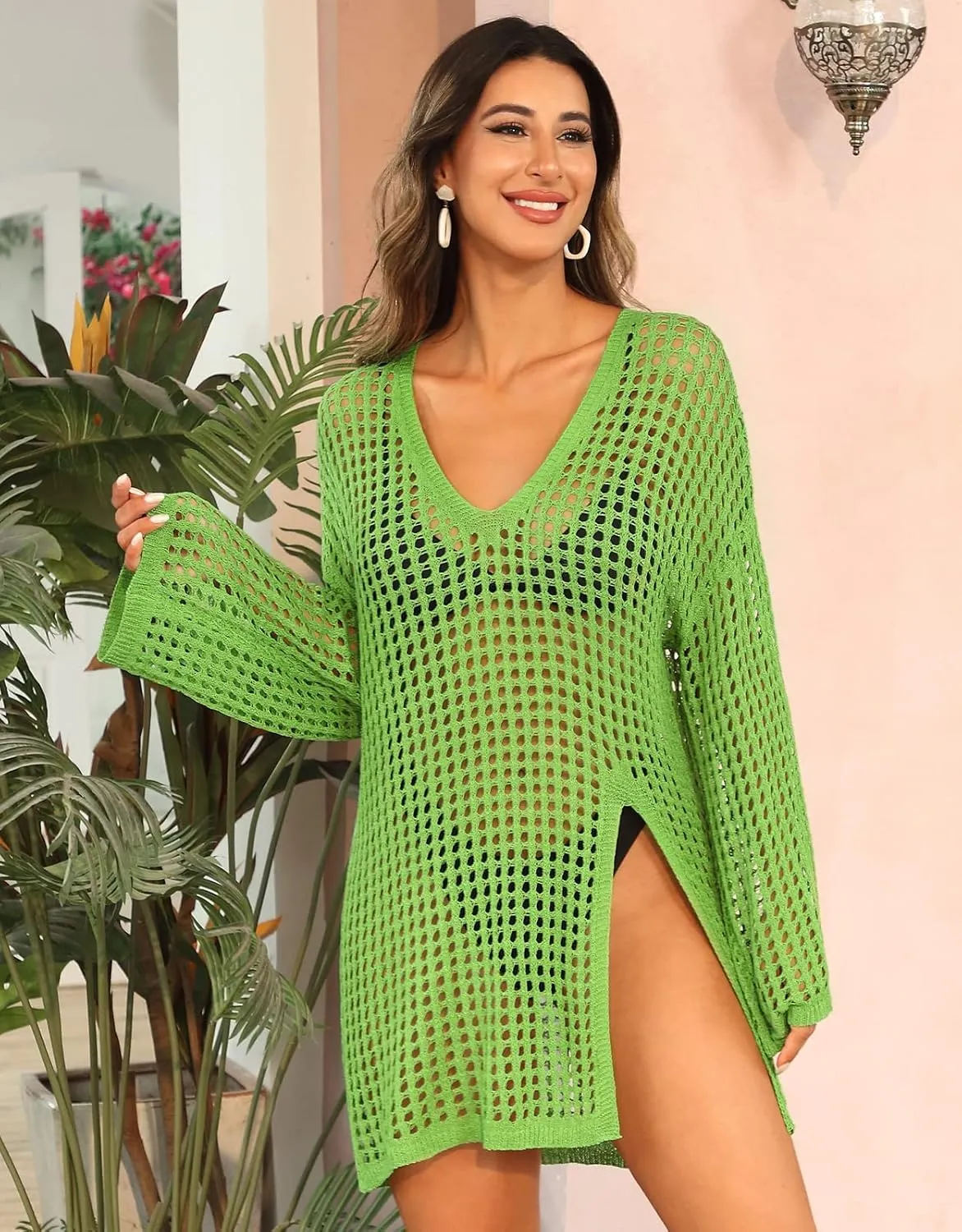 SOCIALA Swimsuit Cover Up for Women Crochet Tops Side Split Swim Bikini Bathing Suit Beach Coverups Loose Fit Swimwear Dress