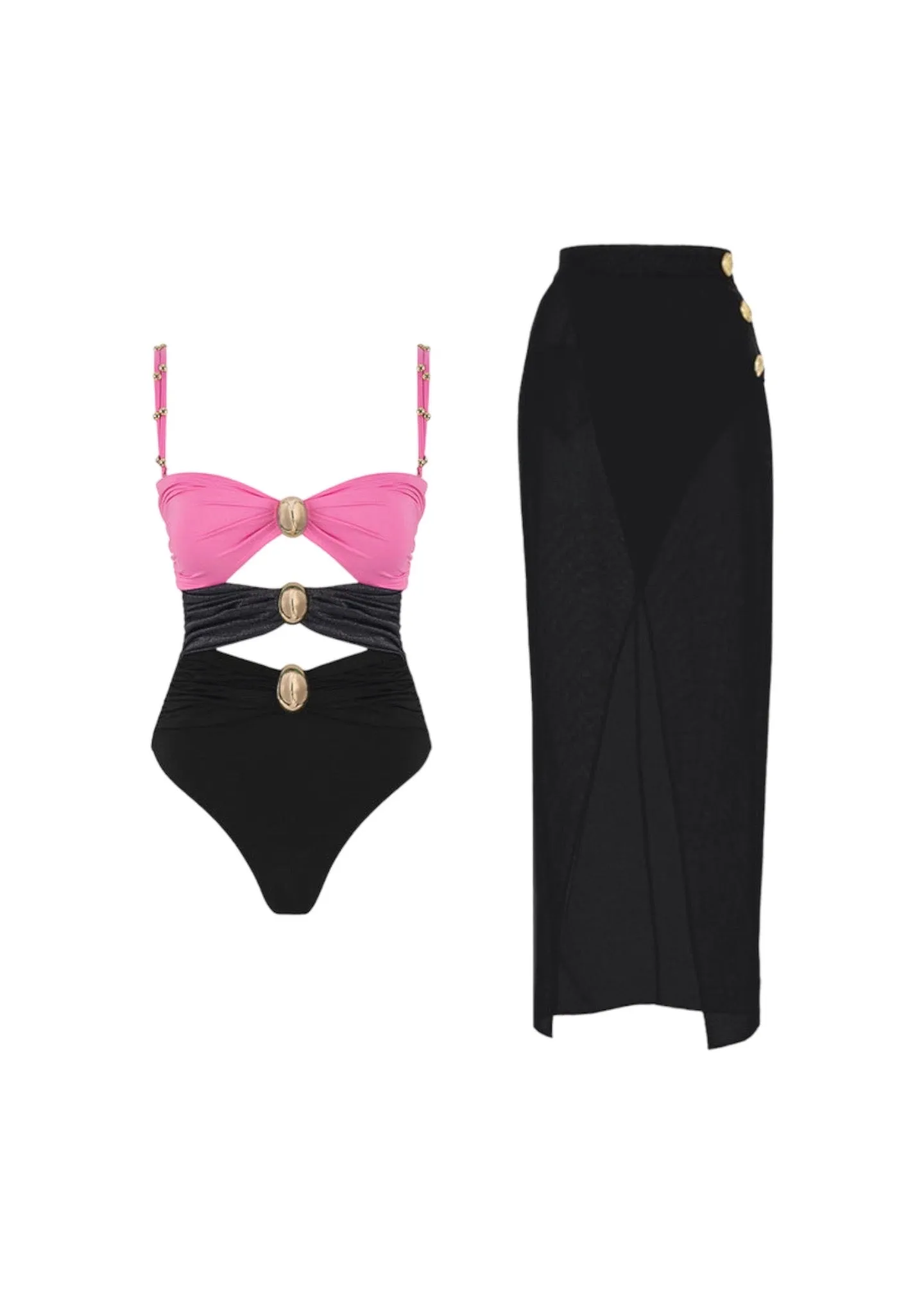 Three Tone Hollow Out Swimsuit & Matching Skirt