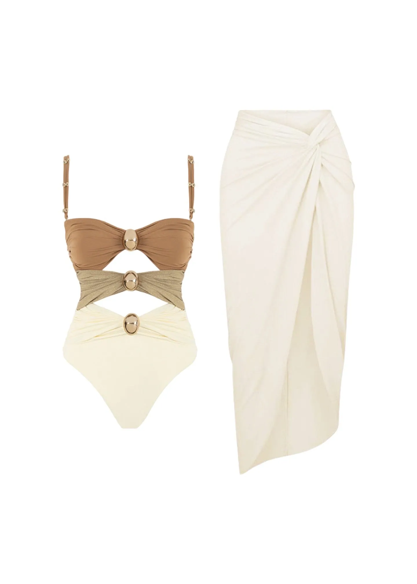 Three Tone Hollow Out Swimsuit & Matching Skirt