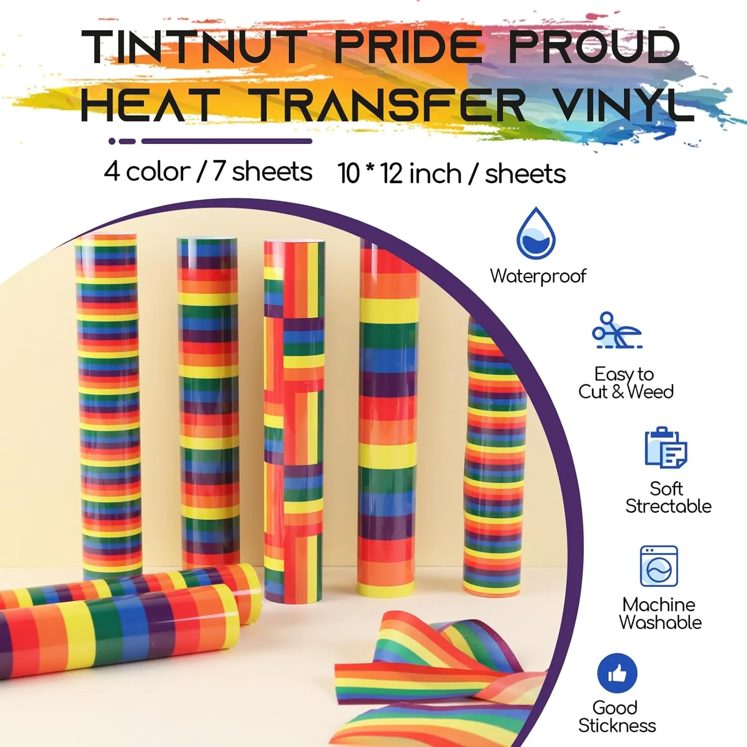 Tintnut Pride Proud Heat Transfer Vinyl - 7 Sheets 10x12 Inch LGBTQ Rainbow HTV Vinyl LGBTQ Pride Patterned HTV Iron on Vinyl for Cricut & Cameo